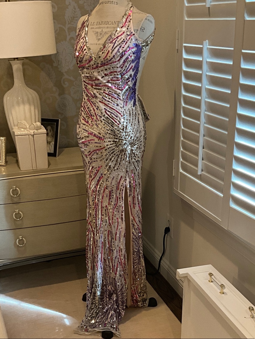 Sequin Embellished V-Neck Prom Gown in Silver, Pink & Purple